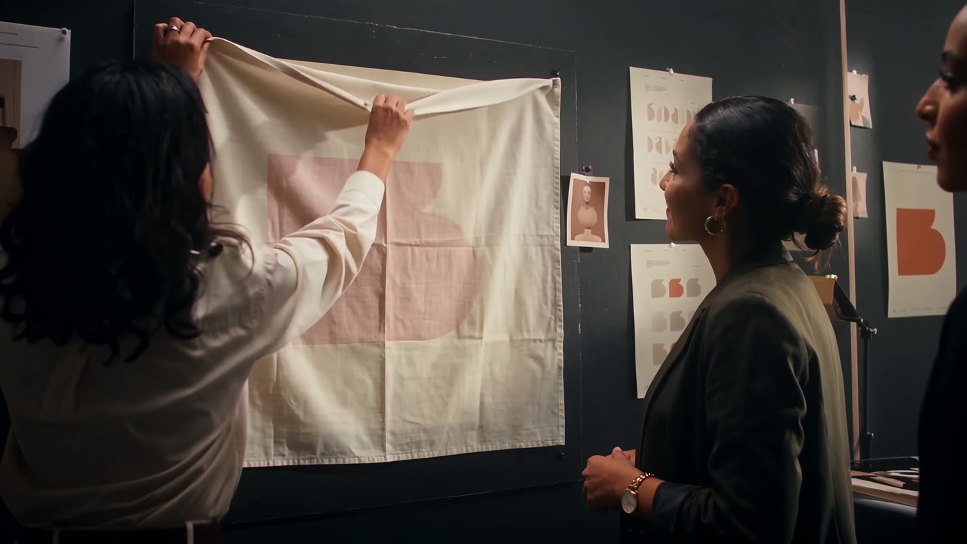Un voile ivoire soulevé devant un panneau accroché au mur d'un atelier